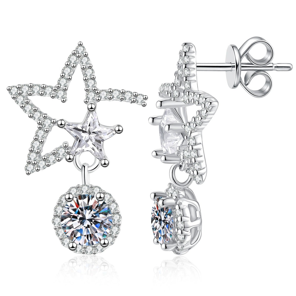 Star Moissanite Drop Earrings in White Gold-Plated S925 Sterling Silver with CZ on clean white background showing an open star drop silhouette
