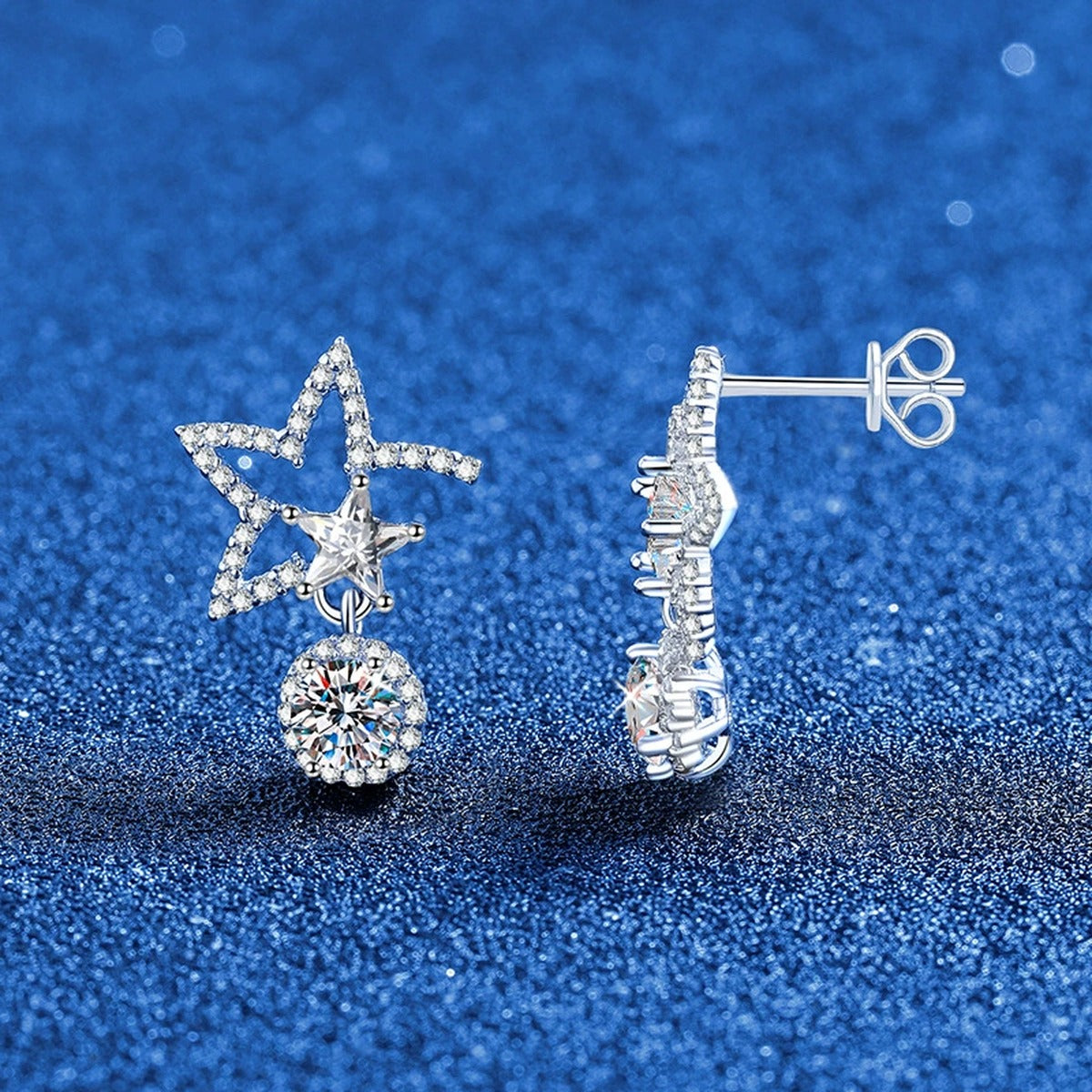 Star Moissanite Drop Earrings in White Gold-Plated S925 Sterling Silver with CZ blue scene product view