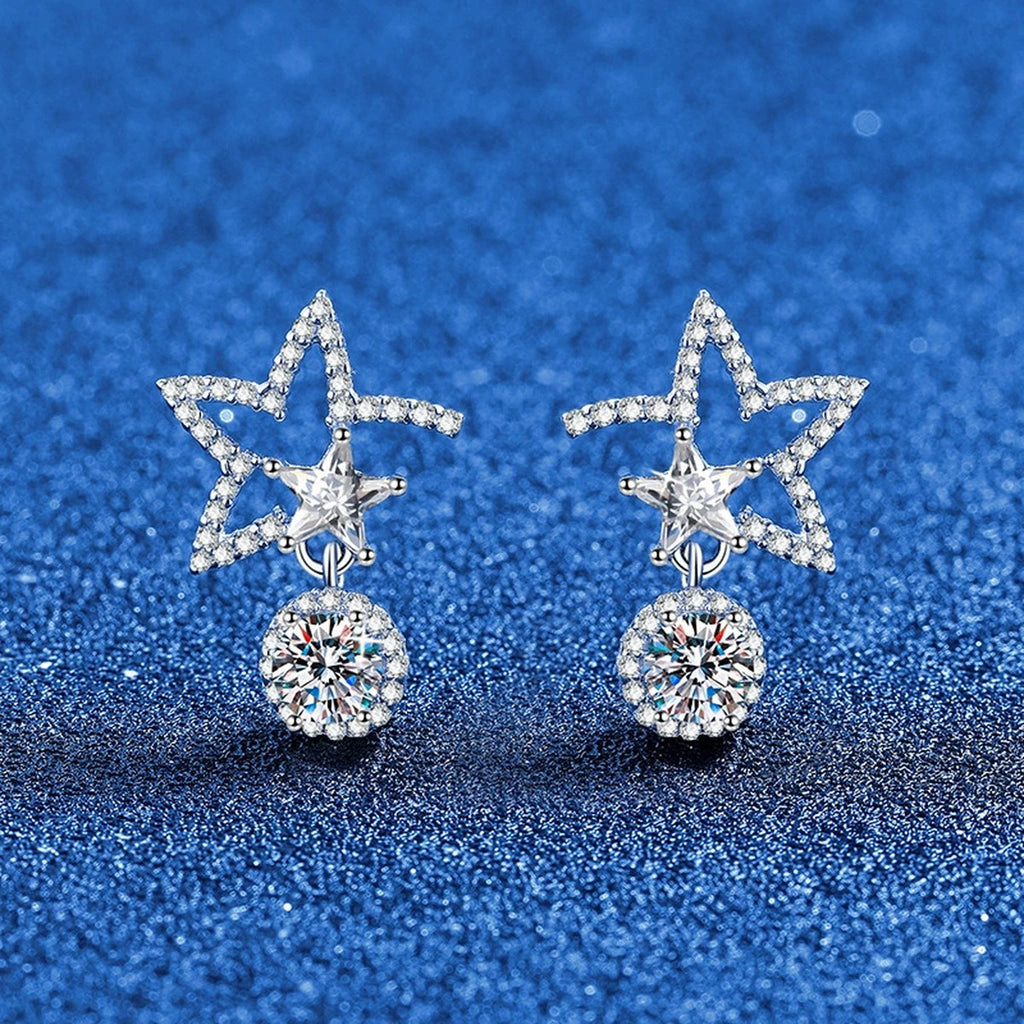 Star Moissanite Drop Earrings in White Gold-Plated S925 Sterling Silver with CZ blue scene angled view