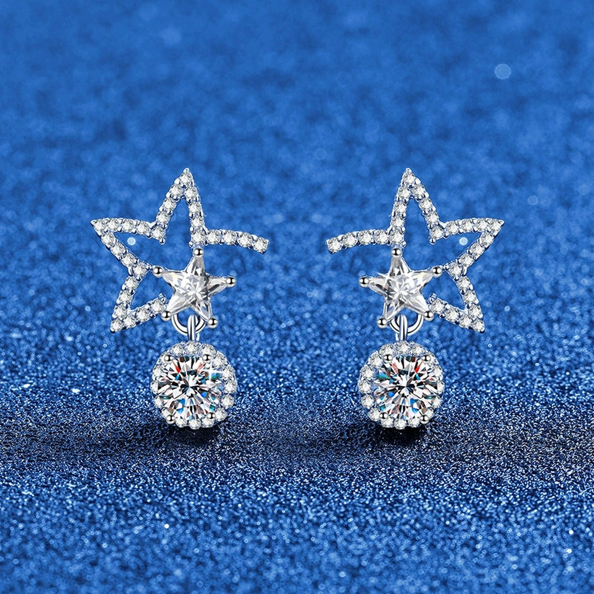 Star Moissanite Drop Earrings in White Gold-Plated S925 Sterling Silver with CZ blue scene angled view