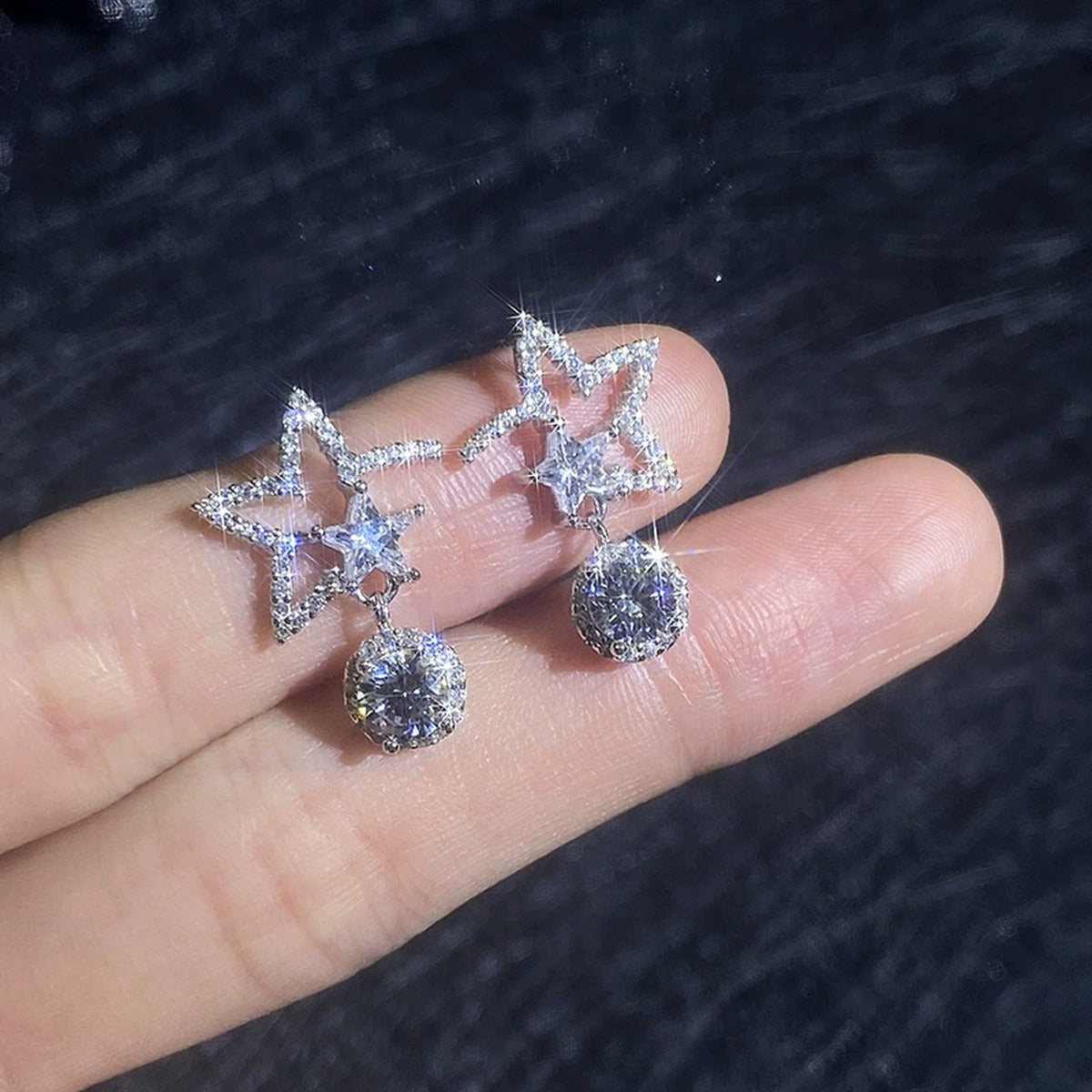 Star Moissanite Drop Earrings in White Gold-Plated S925 Sterling Silver with CZ close-up product detail view