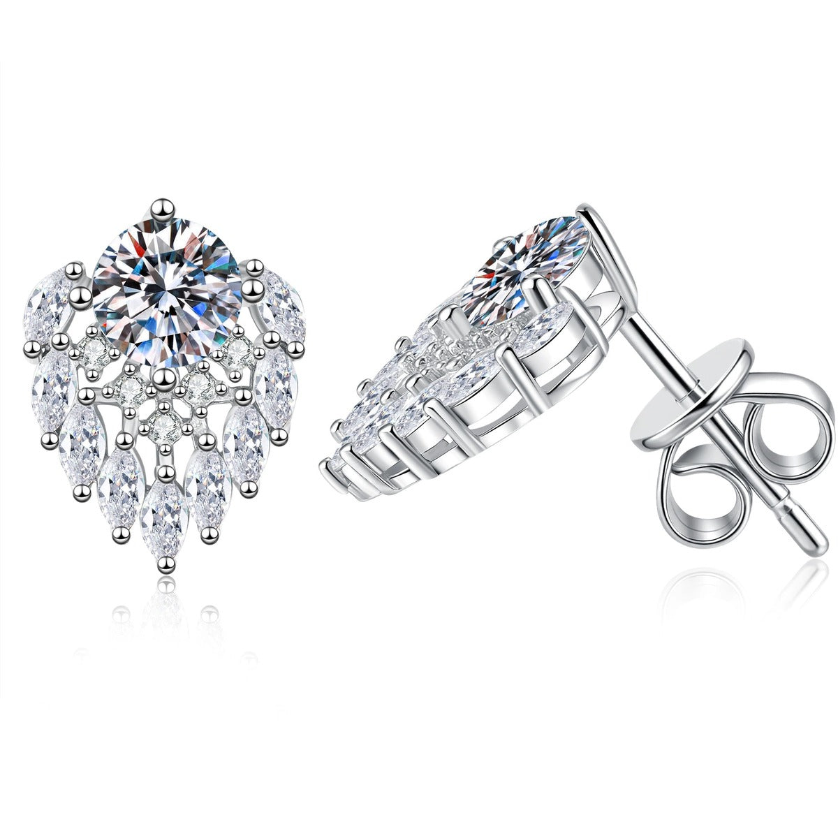 Pear Halo Moissanite Stud Earrings in White Gold-Plated S925 Sterling Silver with CZ on clean white background showing a pear halo stud silhouette