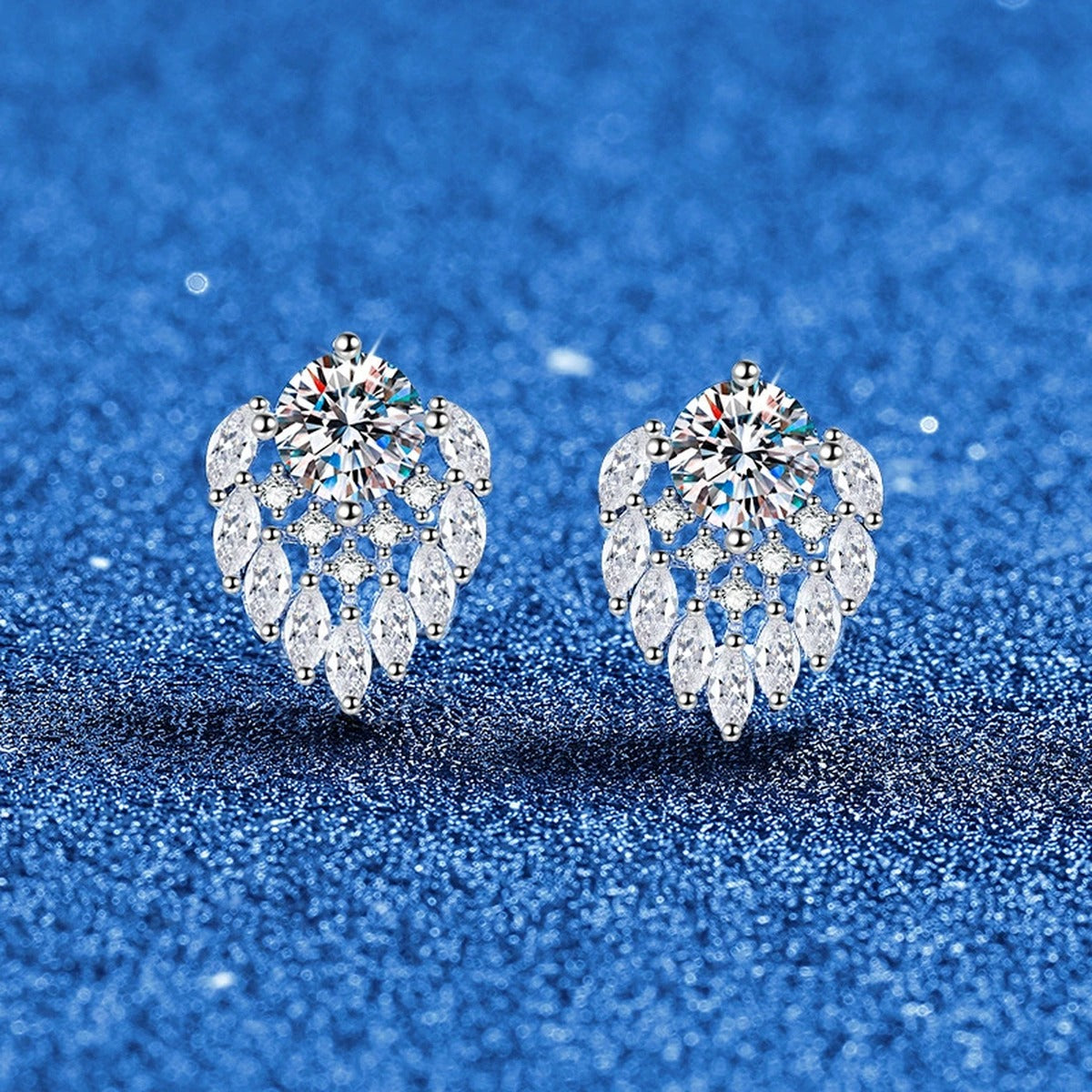 Pear Halo Moissanite Stud Earrings in White Gold-Plated S925 Sterling Silver with CZ blue scene product view