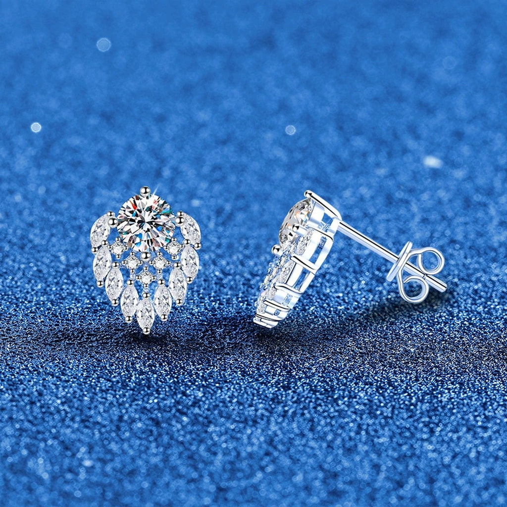 Pear Halo Moissanite Stud Earrings in White Gold-Plated S925 Sterling Silver with CZ blue scene angled view