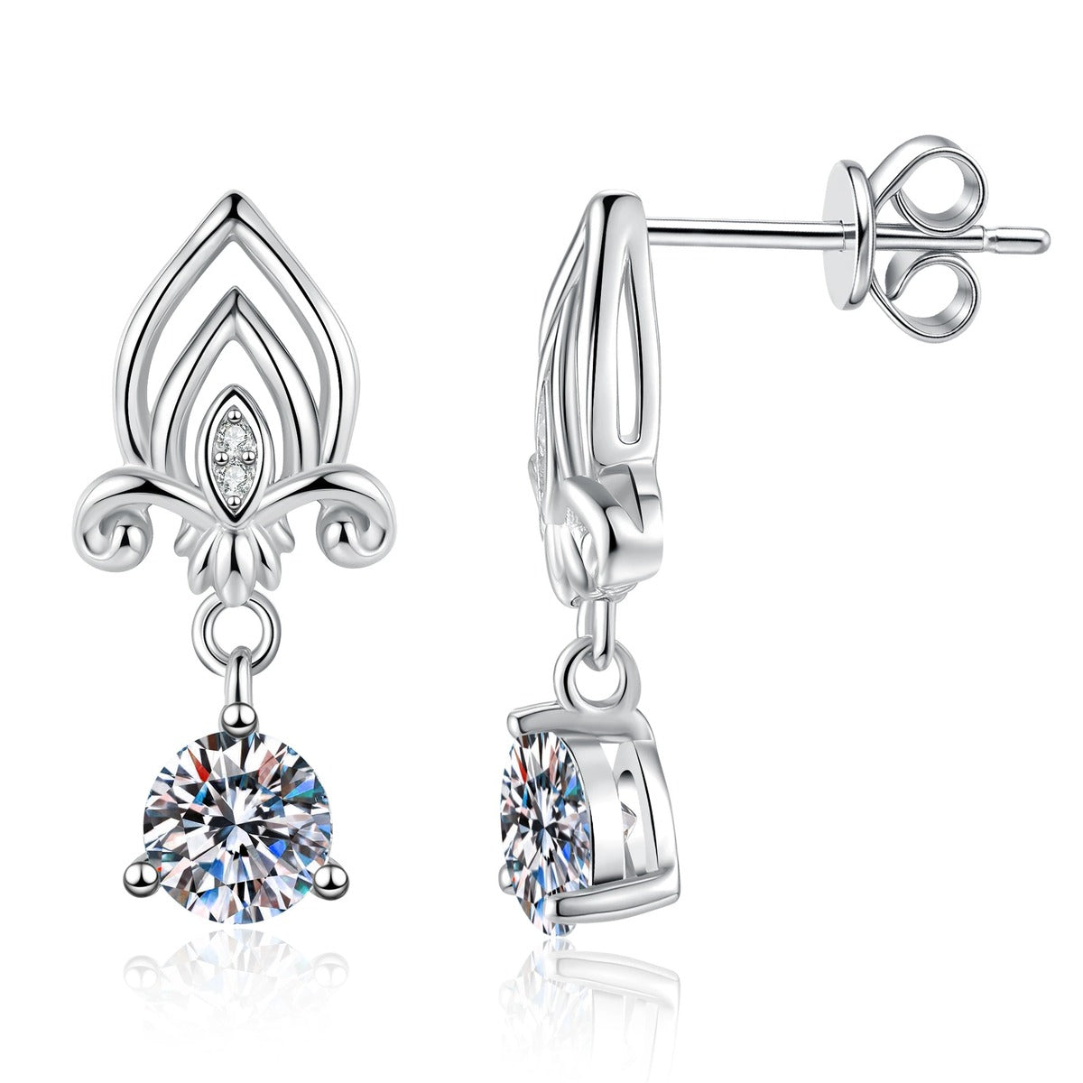 Fleur-de-Lis Moissanite Drop Earrings in White Gold-Plated S925 Sterling Silver with CZ on clean white background showing a fleur-de-lis inspired drop silhouette
