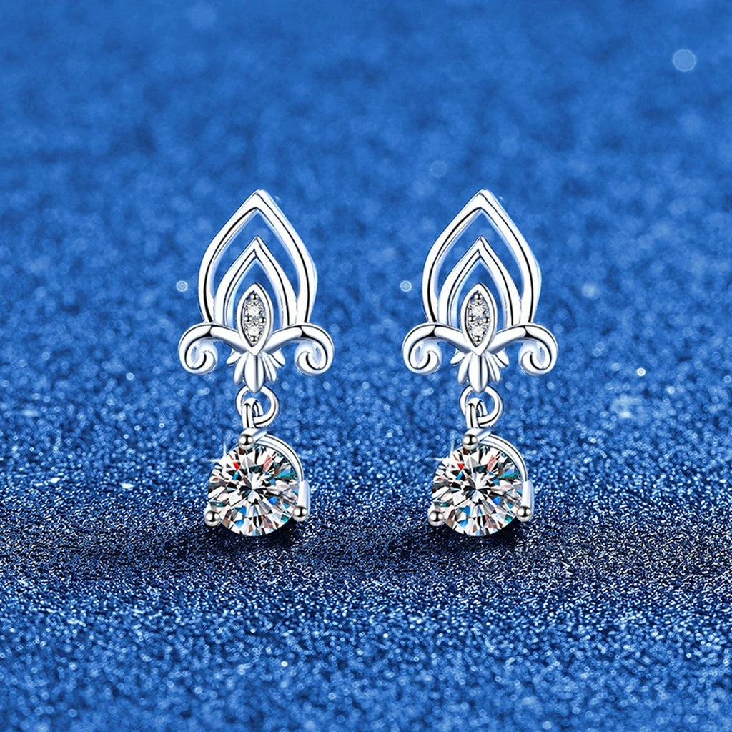 Fleur-de-Lis Moissanite Drop Earrings in White Gold-Plated S925 Sterling Silver with CZ blue scene product view