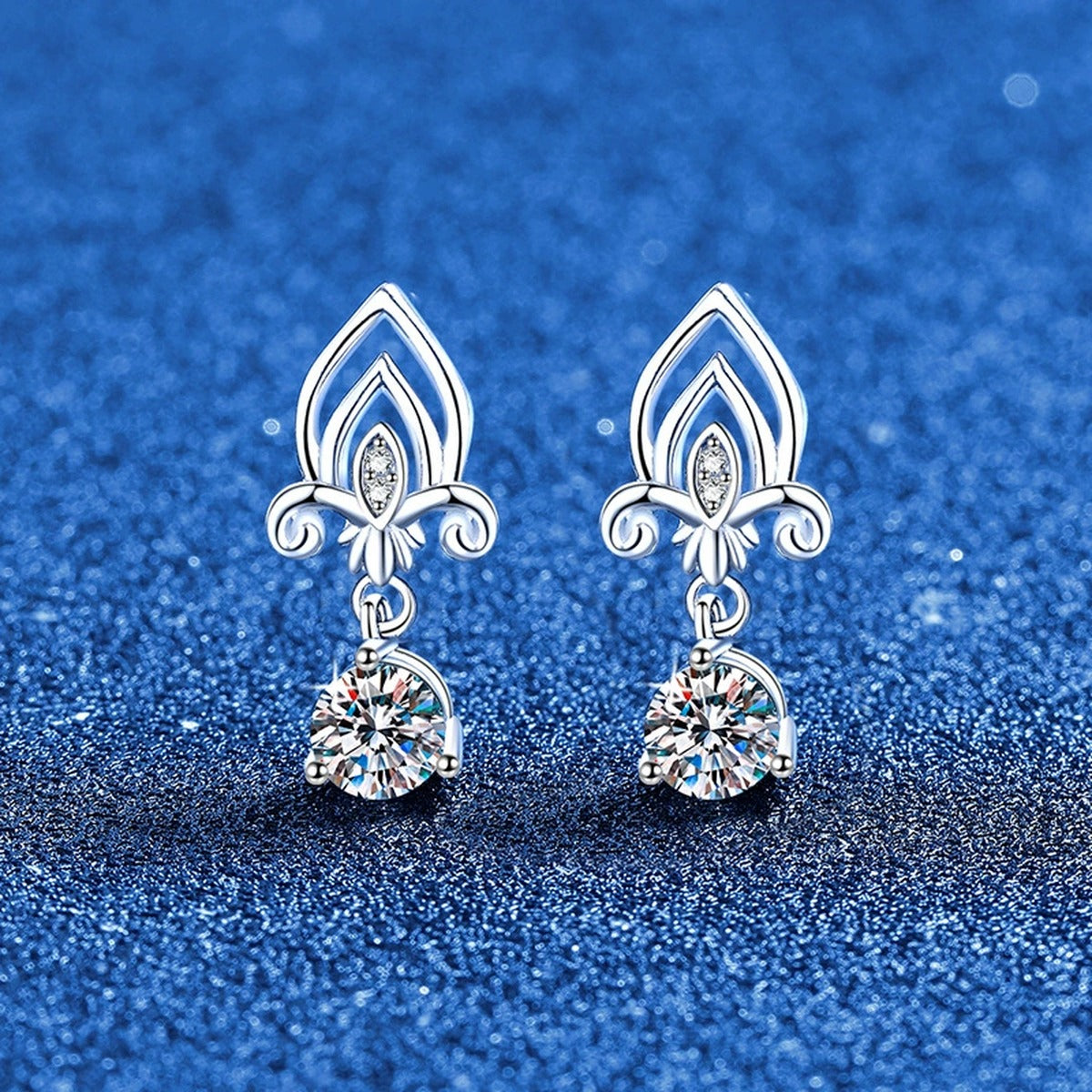 Fleur-de-Lis Moissanite Drop Earrings in White Gold-Plated S925 Sterling Silver with CZ blue scene product view