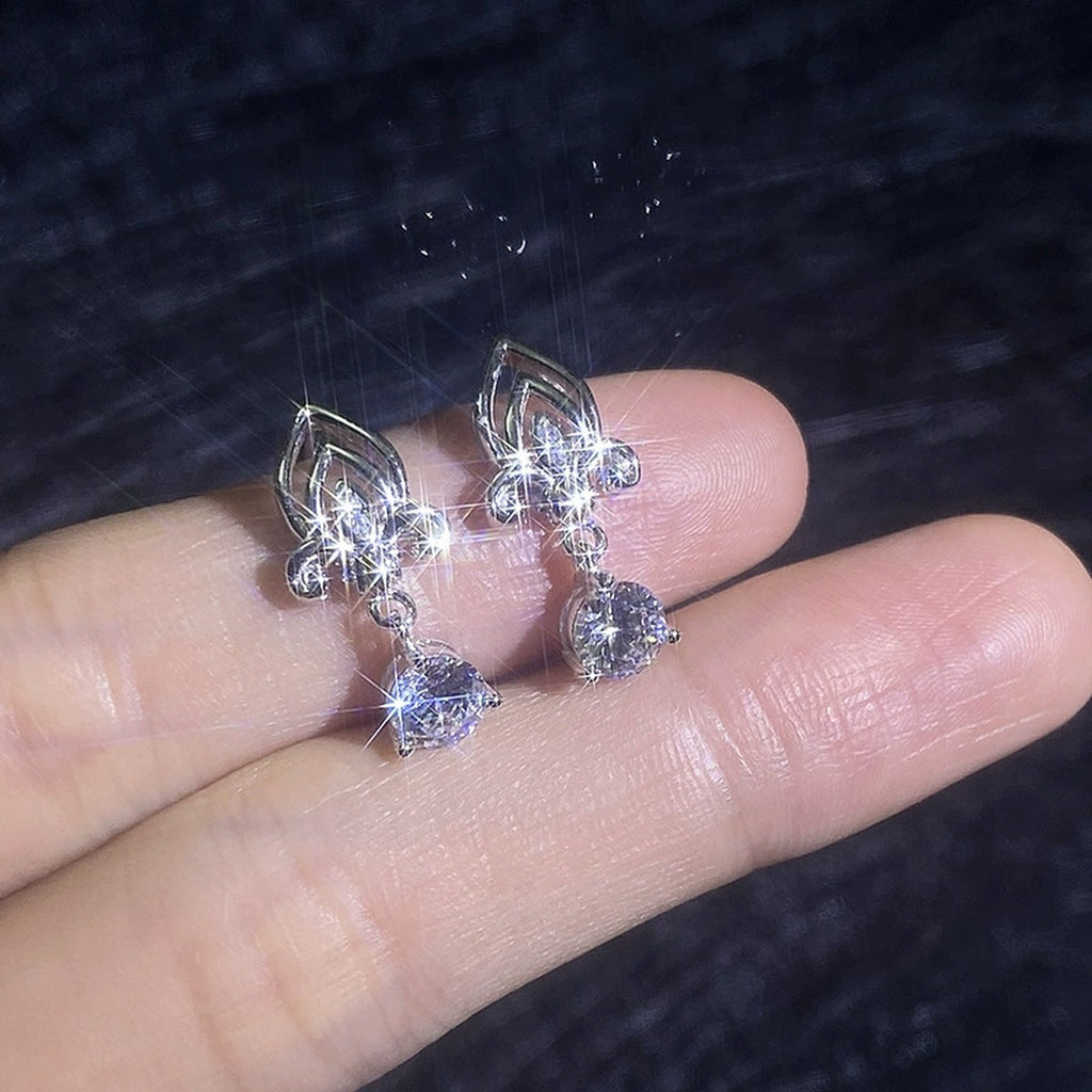 Fleur-de-Lis Moissanite Drop Earrings in White Gold-Plated S925 Sterling Silver with CZ close-up product detail view