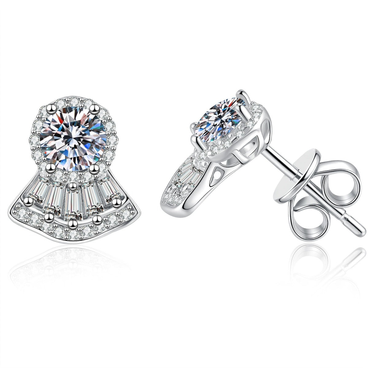 Fan Halo Moissanite Stud Earrings in White Gold-Plated S925 Sterling Silver with CZ on clean white background showing a fan-shaped halo stud silhouette