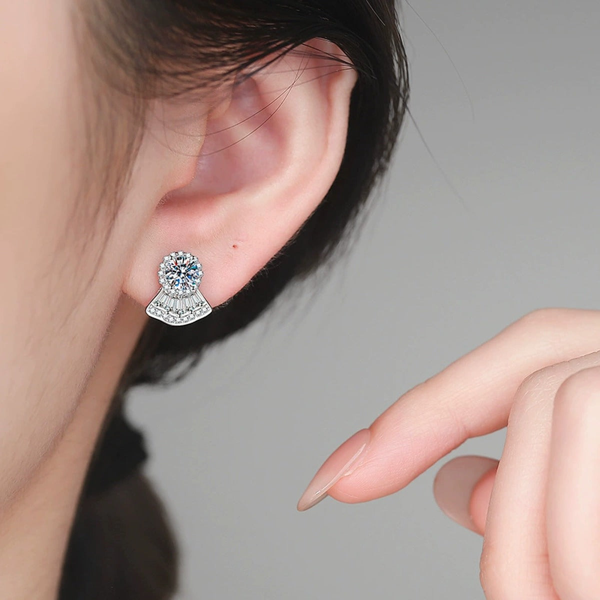 Fan Halo Moissanite Stud Earrings in White Gold-Plated S925 Sterling Silver with CZ worn on ear by model