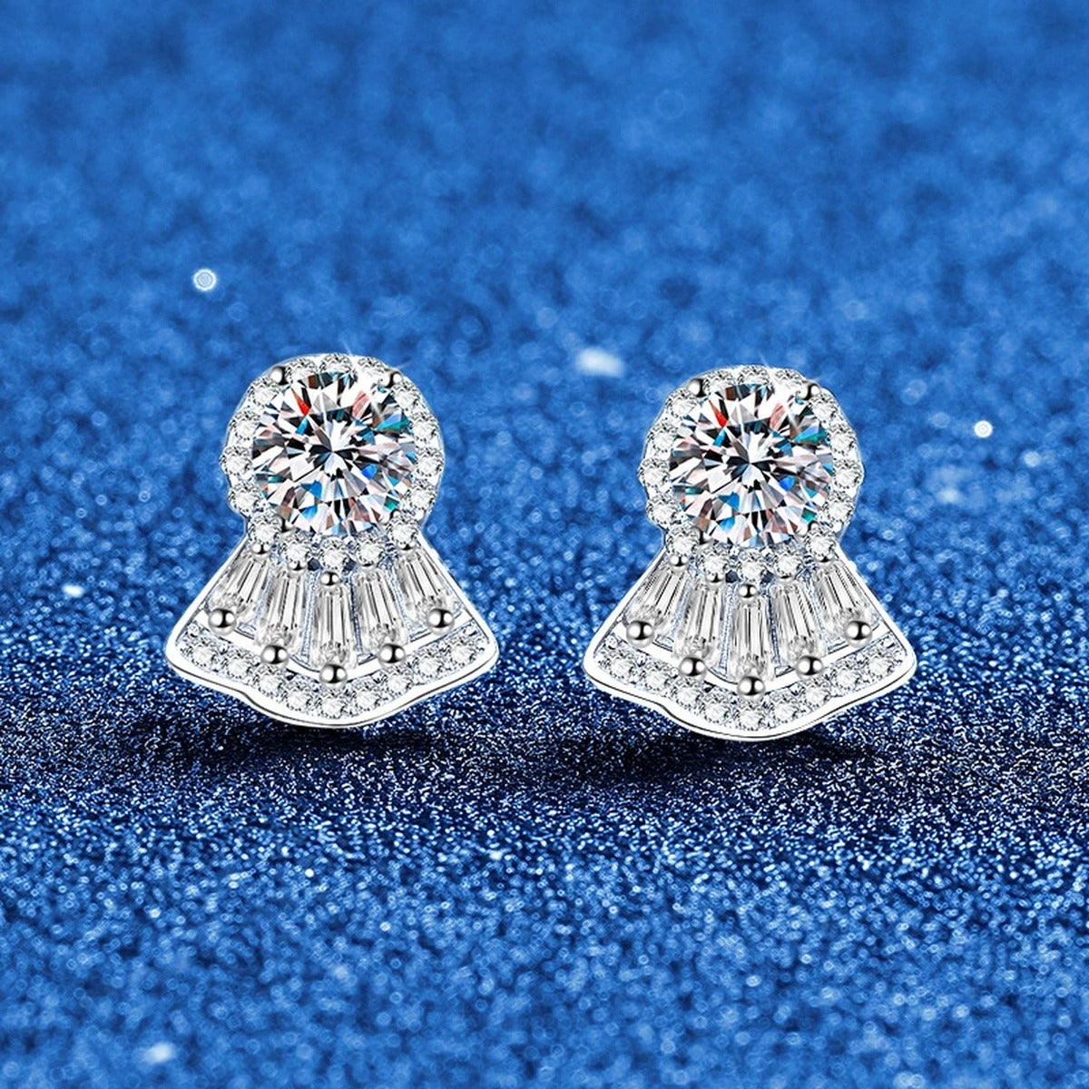 Fan Halo Moissanite Stud Earrings in White Gold-Plated S925 Sterling Silver with CZ blue scene product view