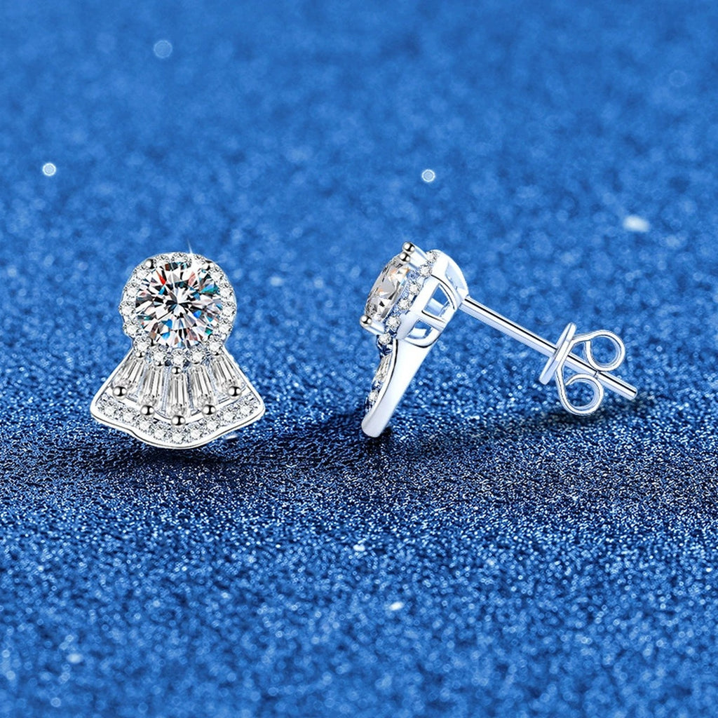 Fan Halo Moissanite Stud Earrings in White Gold-Plated S925 Sterling Silver with CZ blue scene angled view