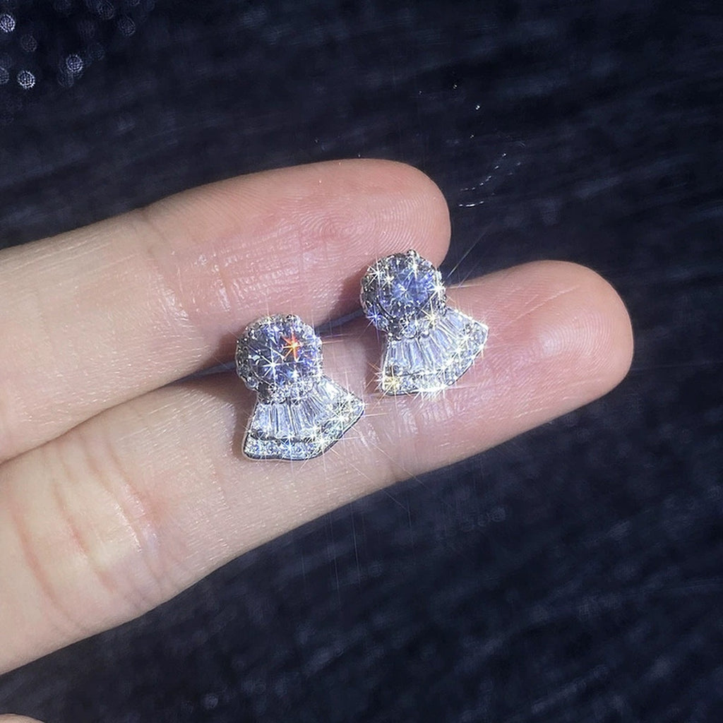 Fan Halo Moissanite Stud Earrings in White Gold-Plated S925 Sterling Silver with CZ close-up product detail view