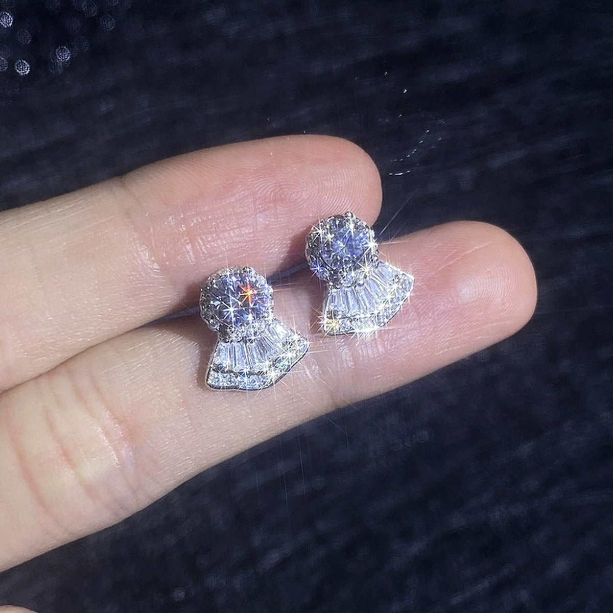 Fan Halo Moissanite Stud Earrings in White Gold-Plated S925 Sterling Silver with CZ close-up product detail view