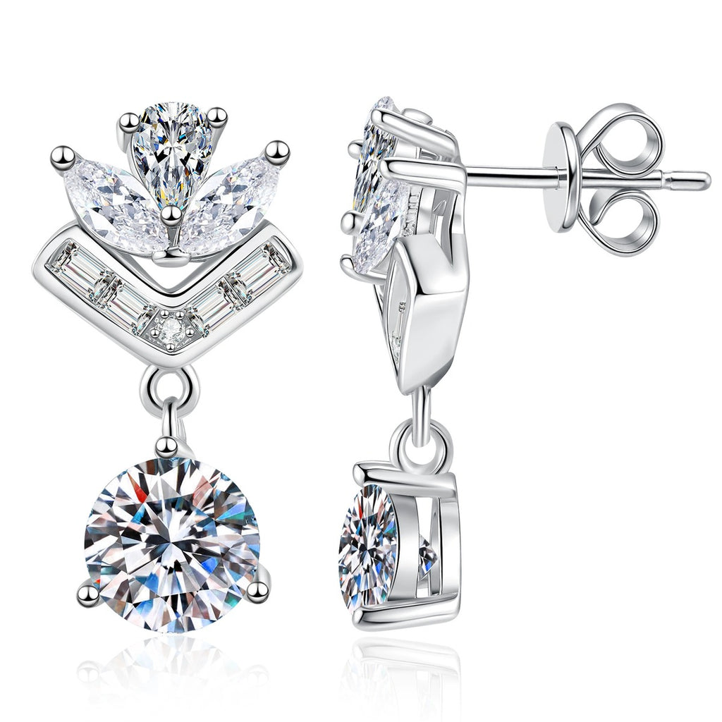 Chevron Moissanite Drop Earrings in White Gold-Plated S925 Sterling Silver with CZ on clean white background showing a chevron drop silhouette with marquise accents