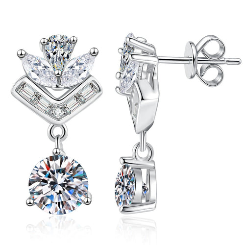 Chevron Moissanite Drop Earrings in White Gold-Plated S925 Sterling Silver with CZ on clean white background showing a chevron drop silhouette with marquise accents