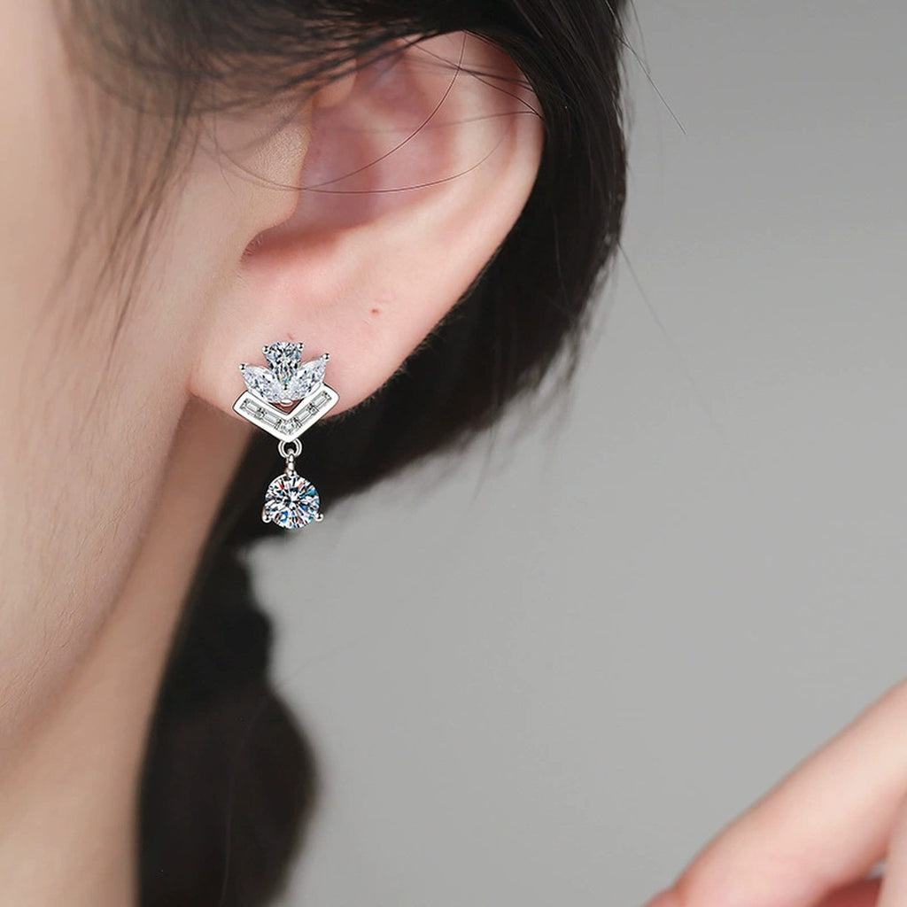 Chevron Moissanite Drop Earrings in White Gold-Plated S925 Sterling Silver with CZ worn on ear by model