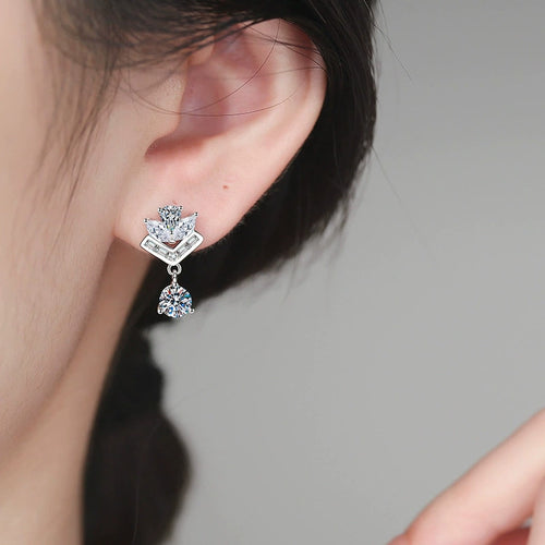 Chevron Moissanite Drop Earrings in White Gold-Plated S925 Sterling Silver with CZ worn on ear by model