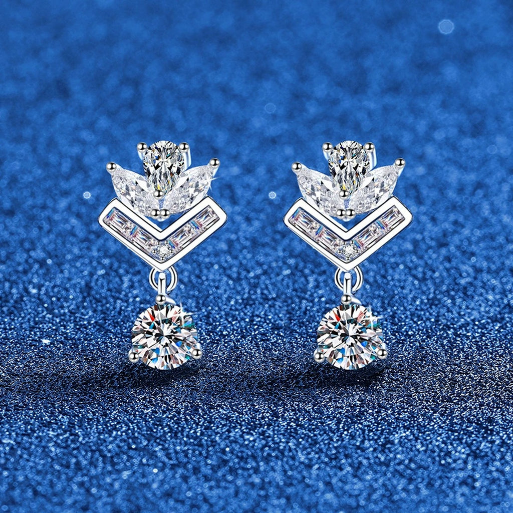 Chevron Moissanite Drop Earrings in White Gold-Plated S925 Sterling Silver with CZ blue scene product view