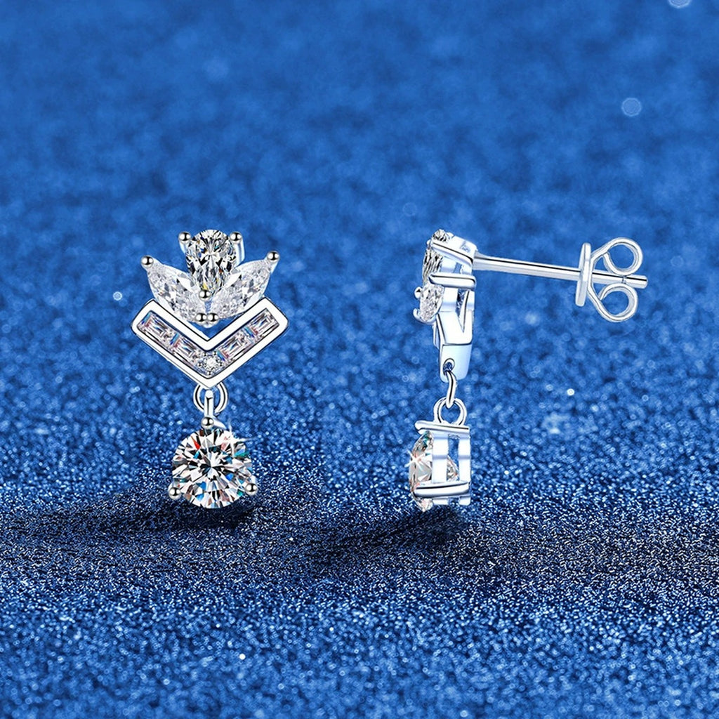 Chevron Moissanite Drop Earrings in White Gold-Plated S925 Sterling Silver with CZ blue scene angled view