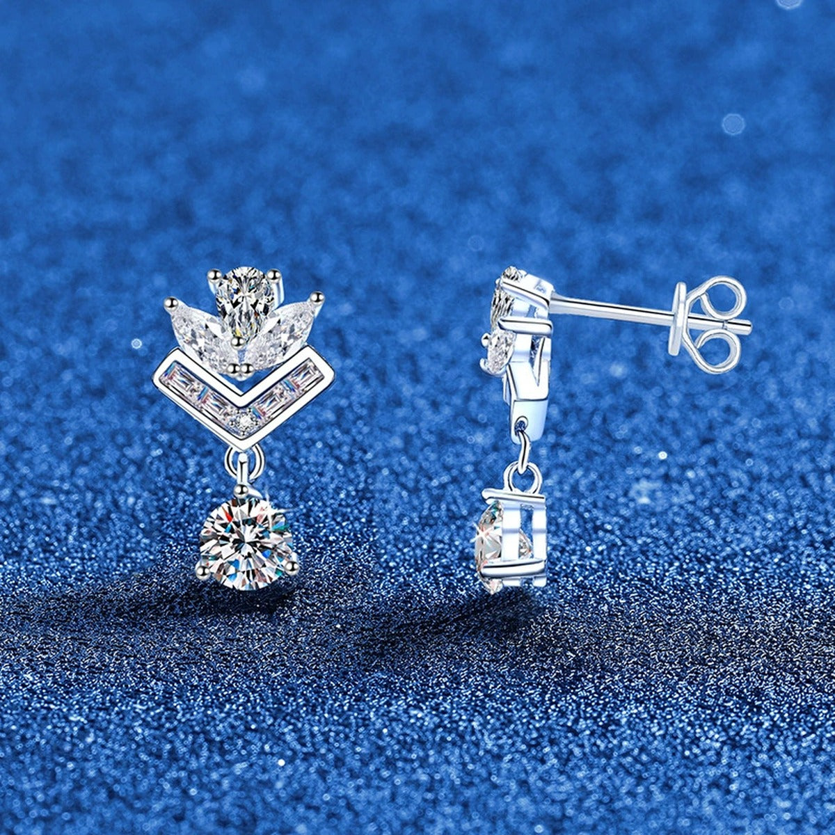 Chevron Moissanite Drop Earrings in White Gold-Plated S925 Sterling Silver with CZ blue scene angled view