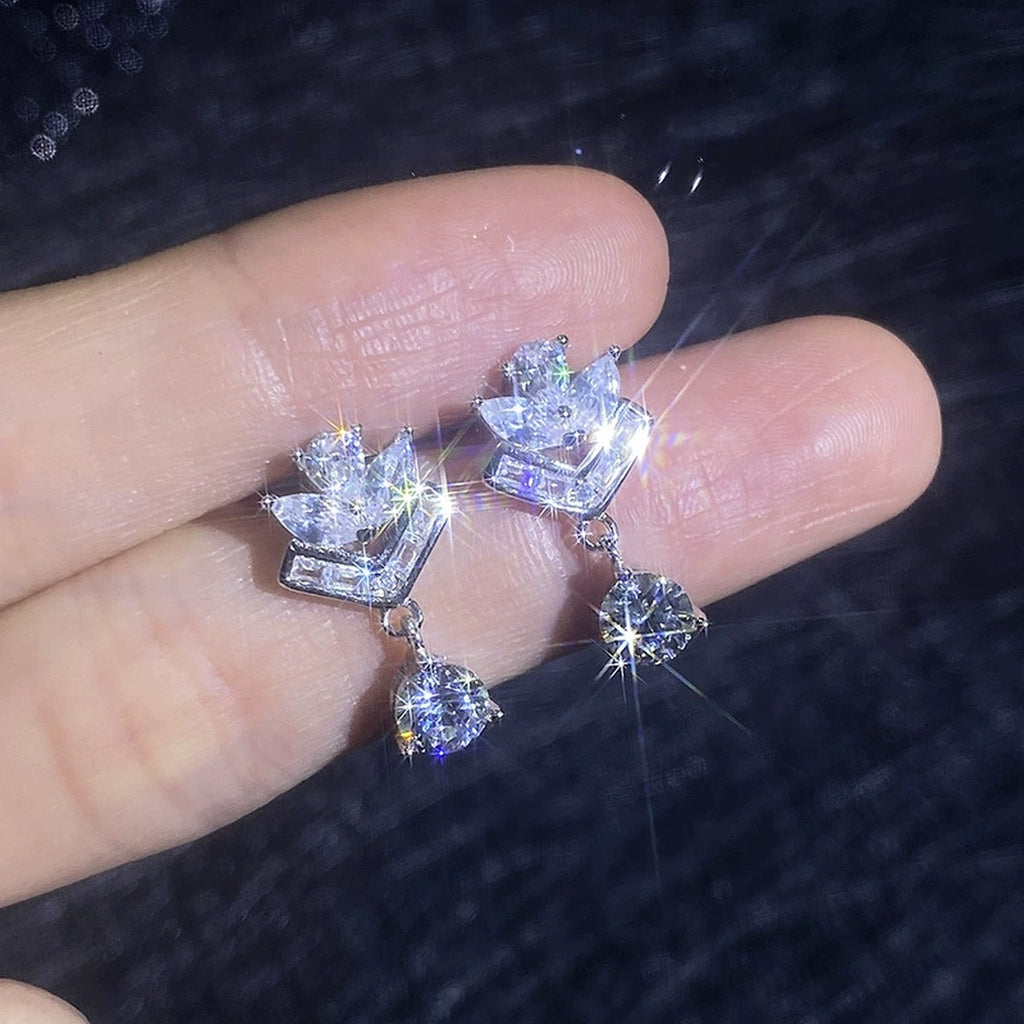 Chevron Moissanite Drop Earrings in White Gold-Plated S925 Sterling Silver with CZ close-up product detail view