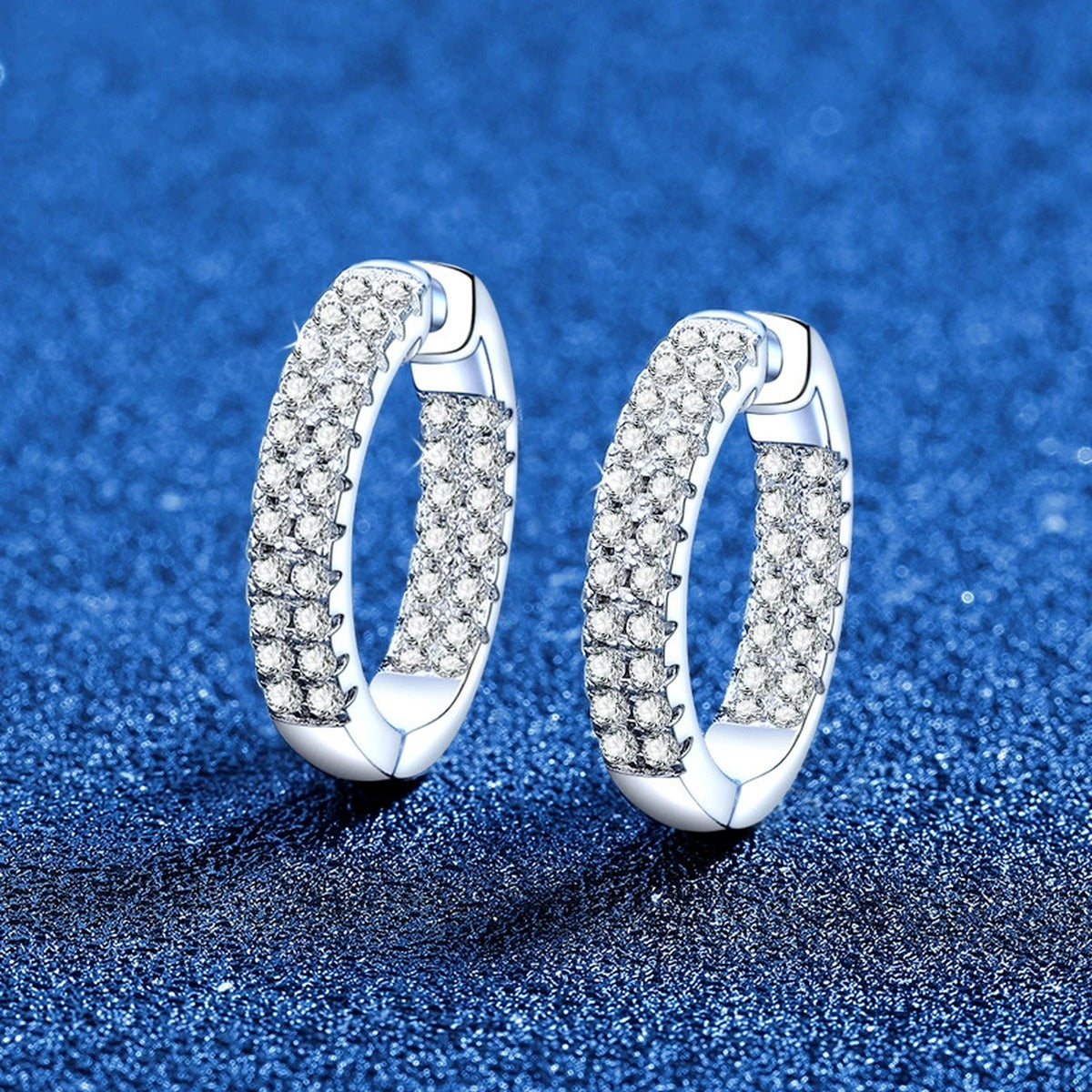 Wide Pave Moissanite Hoop Earrings in White Gold-Plated S925 Sterling Silver blue scene product view