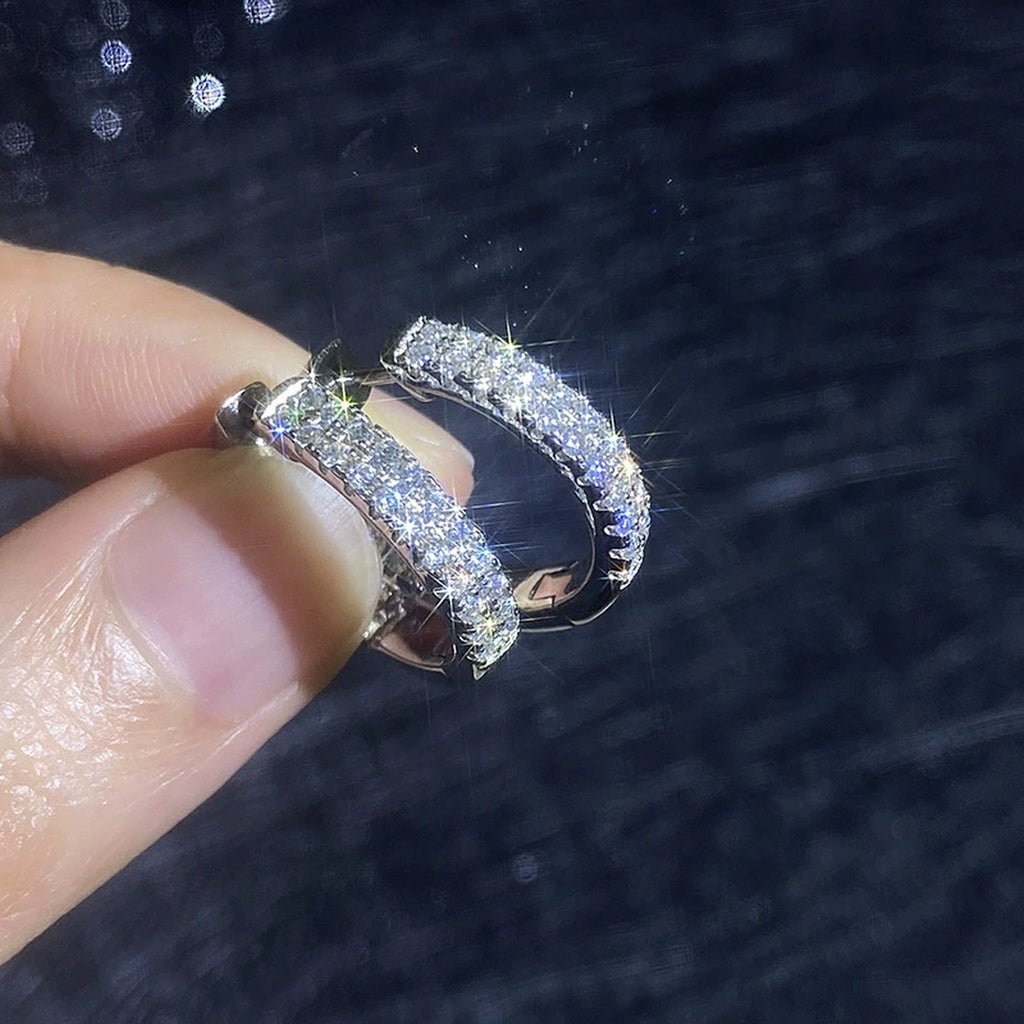 Wide Pave Moissanite Hoop Earrings in White Gold-Plated S925 Sterling Silver close-up product detail view