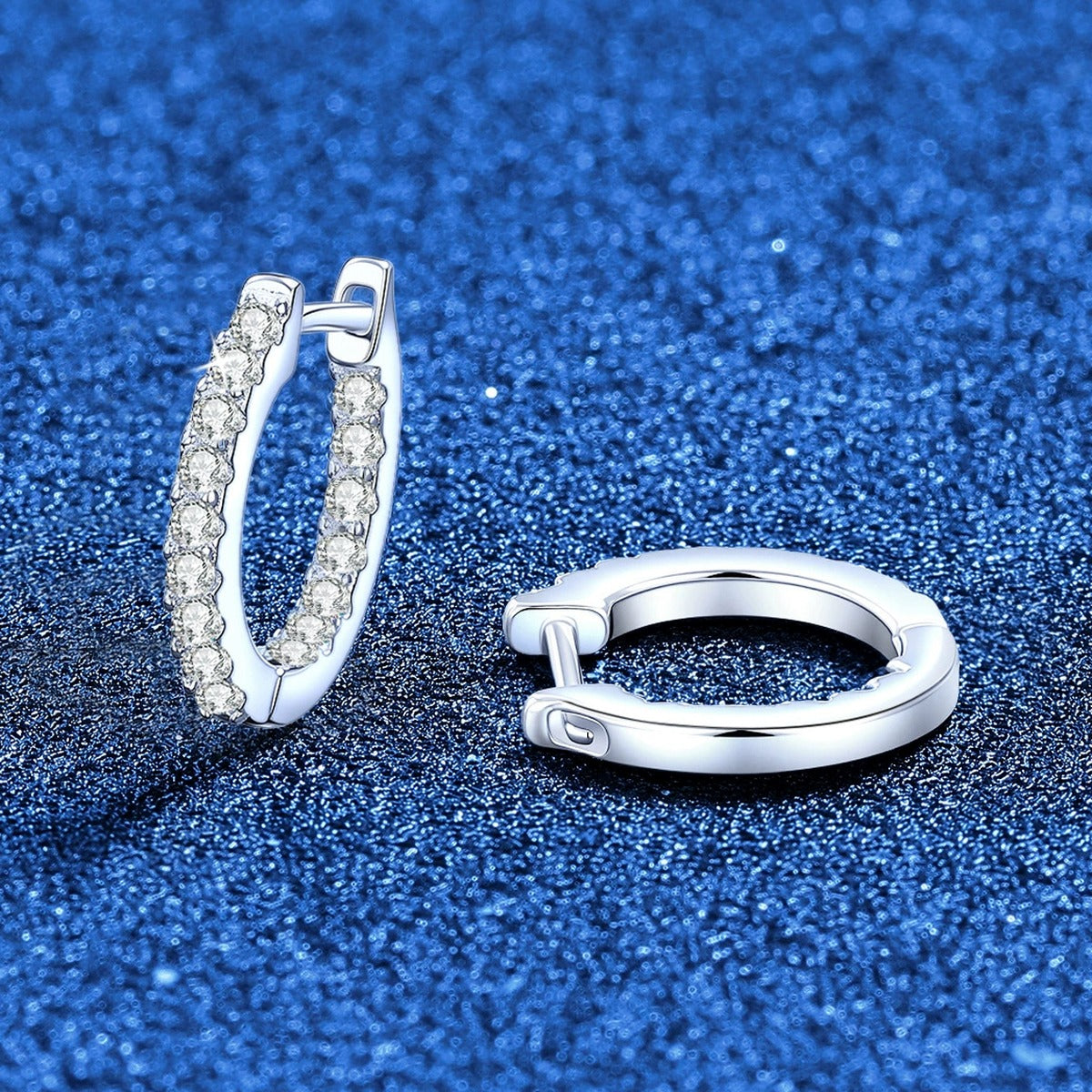 Slim Pave Moissanite Hoop Earrings in White Gold-Plated S925 Sterling Silver blue scene product view