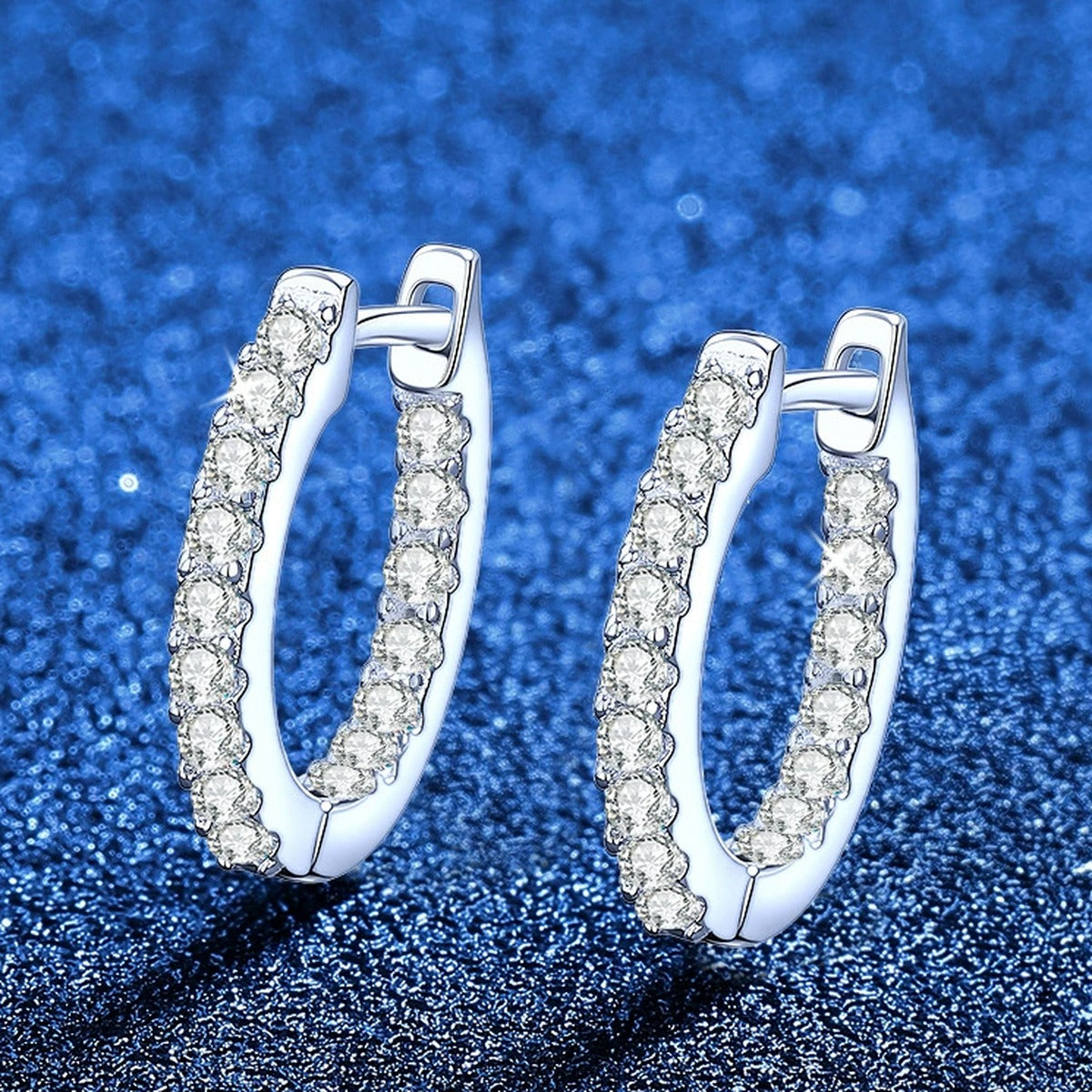 Slim Pave Moissanite Hoop Earrings in White Gold-Plated S925 Sterling Silver blue scene angled view