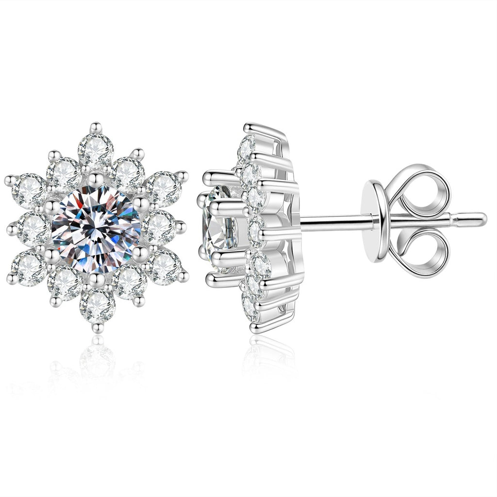 Snowflake Moissanite Stud Earrings in White Gold-Plated S925 Sterling Silver with CZ on clean white background showing a snowflake starburst stud silhouette