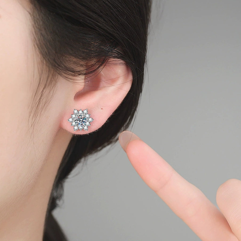 Snowflake Moissanite Stud Earrings in White Gold-Plated S925 Sterling Silver with CZ worn on ear by model