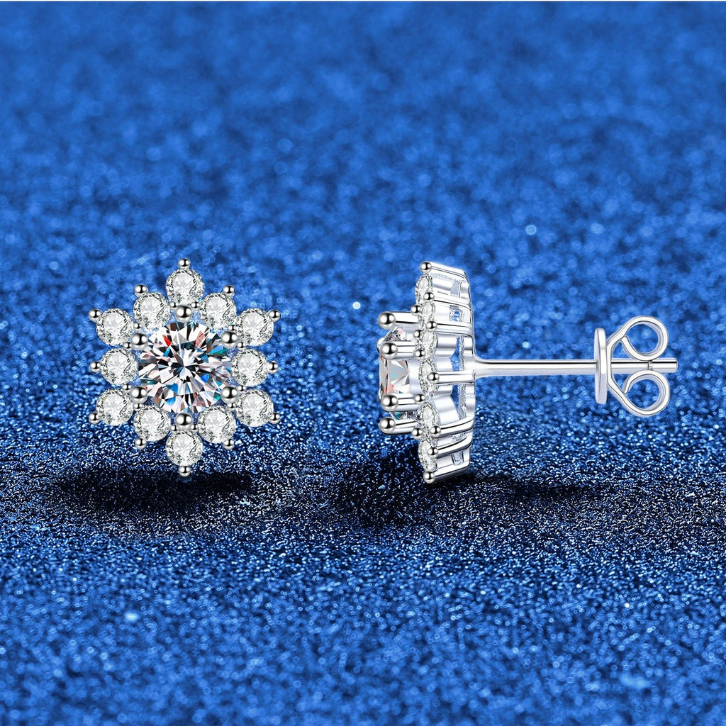 Snowflake Moissanite Stud Earrings in White Gold-Plated S925 Sterling Silver with CZ blue scene product view