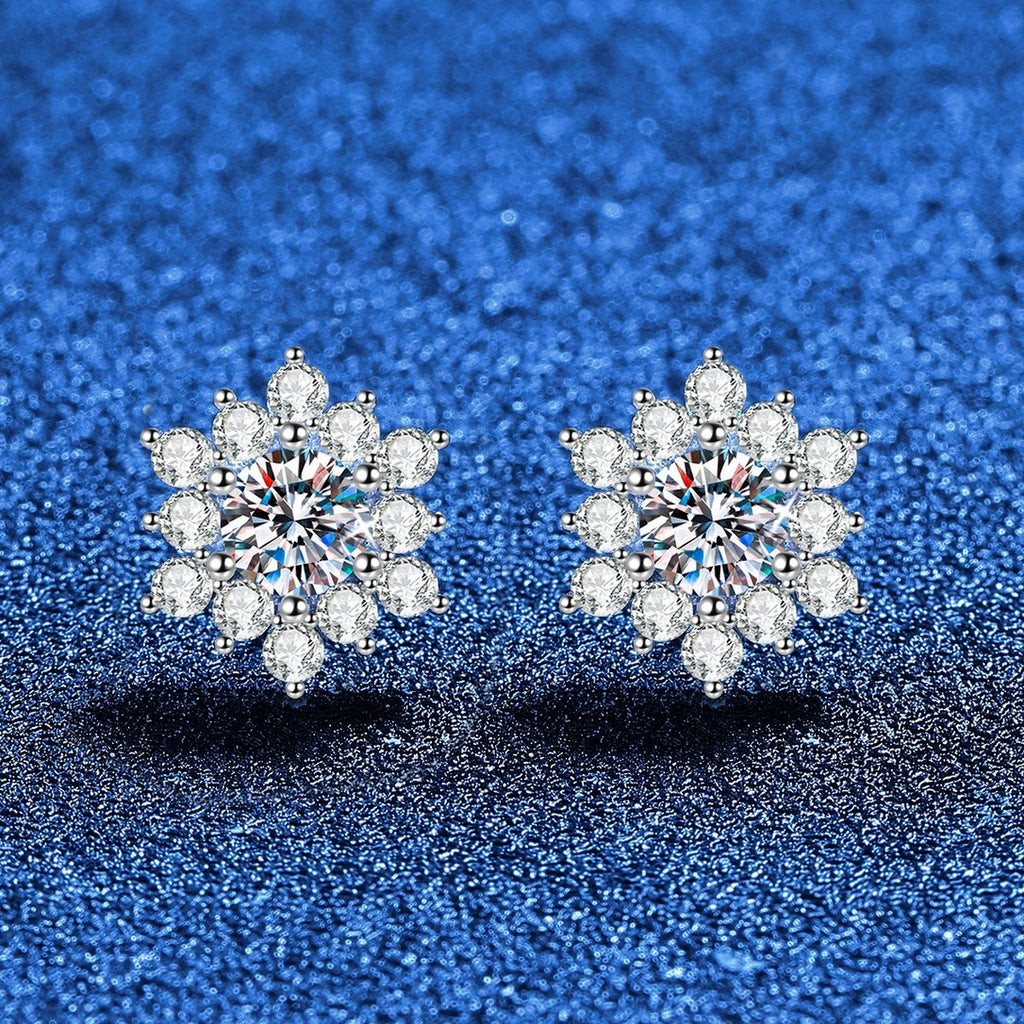 Snowflake Moissanite Stud Earrings in White Gold-Plated S925 Sterling Silver with CZ blue scene angled view