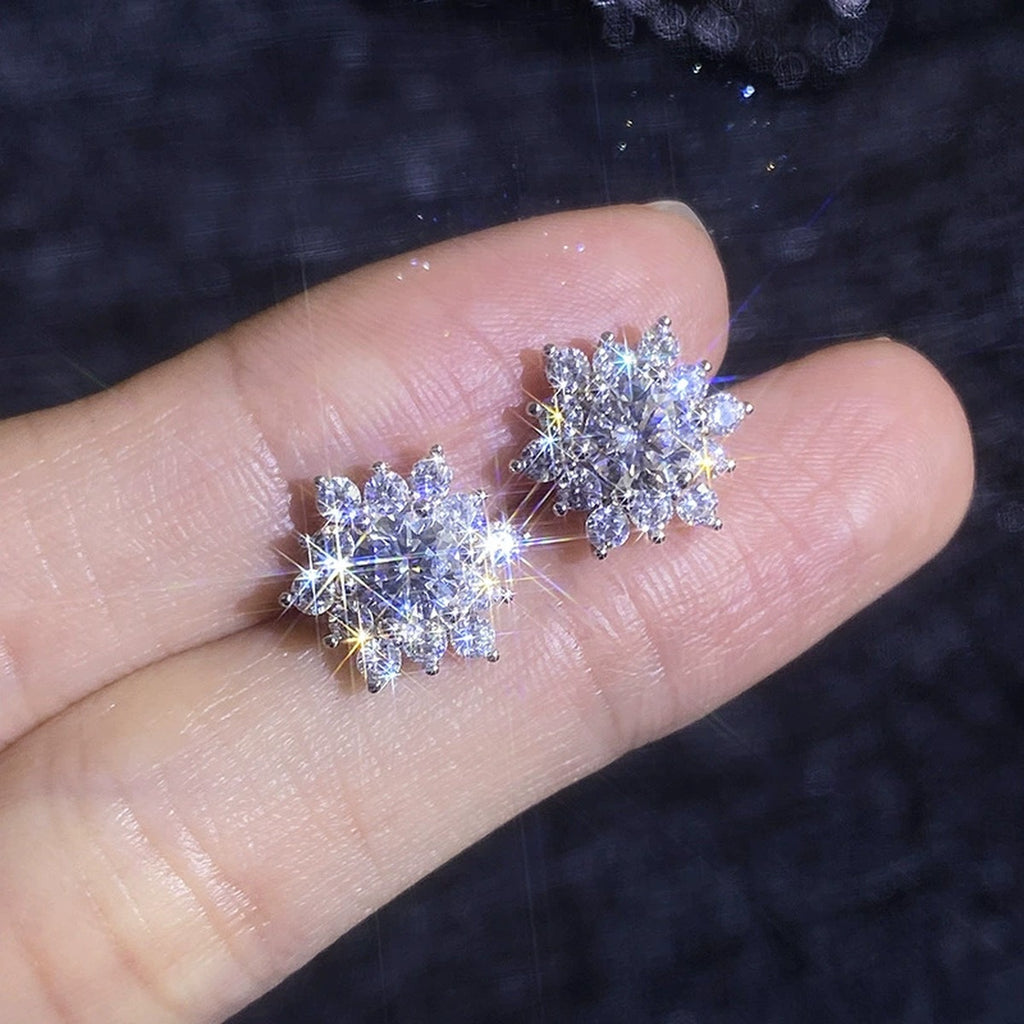 Snowflake Moissanite Stud Earrings in White Gold-Plated S925 Sterling Silver with CZ close-up product detail view