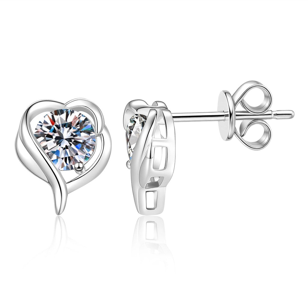 Swirl Heart Moissanite Stud Earrings in White Gold-Plated S925 Sterling Silver on clean white background showing a swirl heart stud silhouette