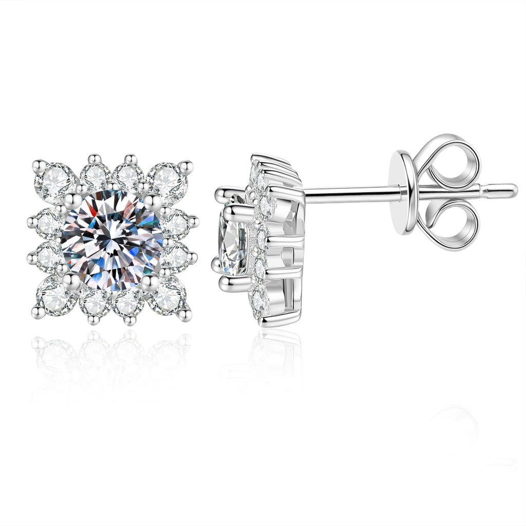 Square Halo Moissanite Stud Earrings in White Gold-Plated S925 Sterling Silver with CZ on clean white background showing a square halo stud silhouette