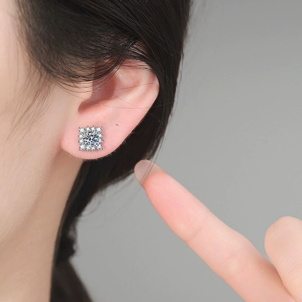 Square Halo Moissanite Stud Earrings in White Gold-Plated S925 Sterling Silver with CZ worn on ear by model