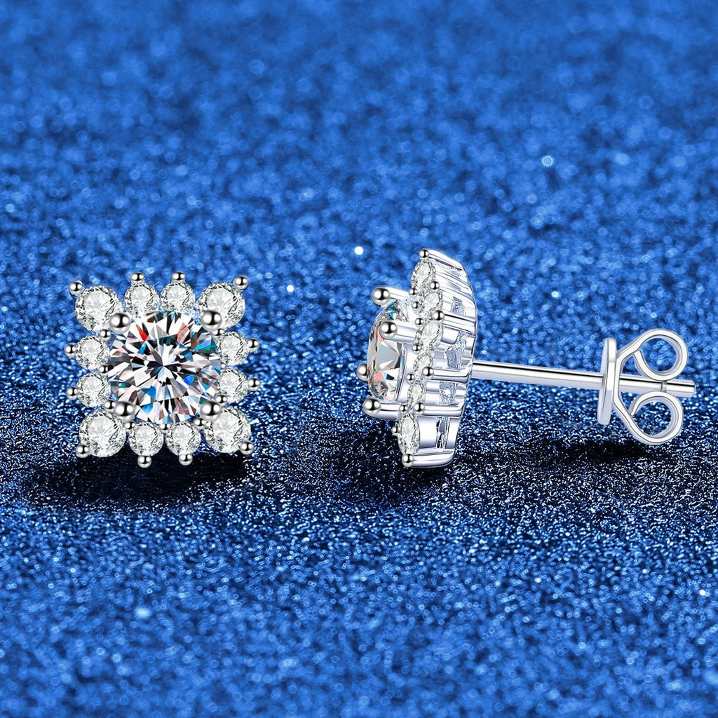 Square Halo Moissanite Stud Earrings in White Gold-Plated S925 Sterling Silver with CZ blue scene product view