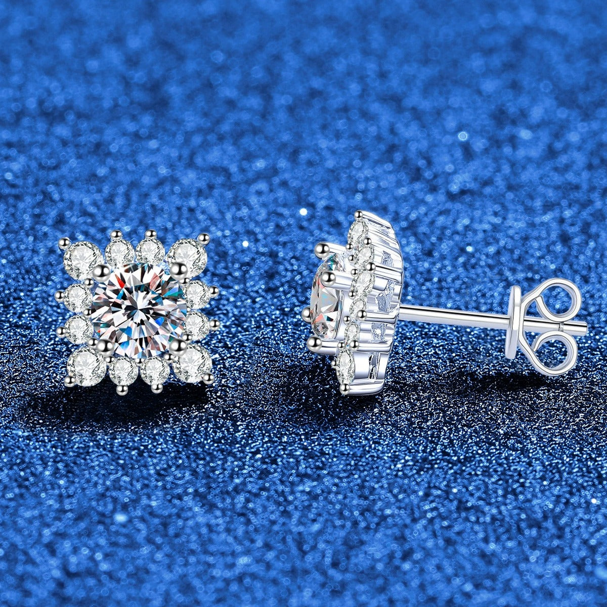 Square Halo Moissanite Stud Earrings in White Gold-Plated S925 Sterling Silver with CZ blue scene product view