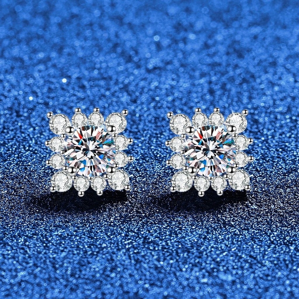 Square Halo Moissanite Stud Earrings in White Gold-Plated S925 Sterling Silver with CZ blue scene angled view