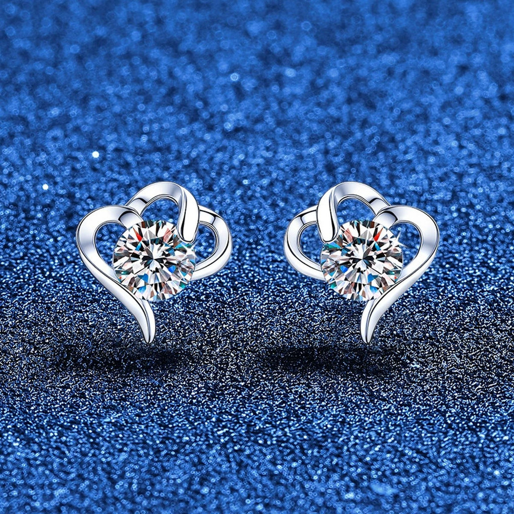 Open Heart Moissanite Stud Earrings in White Gold-Plated S925 Sterling Silver blue scene product view