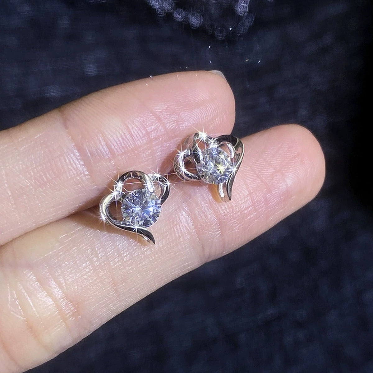 Open Heart Moissanite Stud Earrings in White Gold-Plated S925 Sterling Silver close-up product detail view