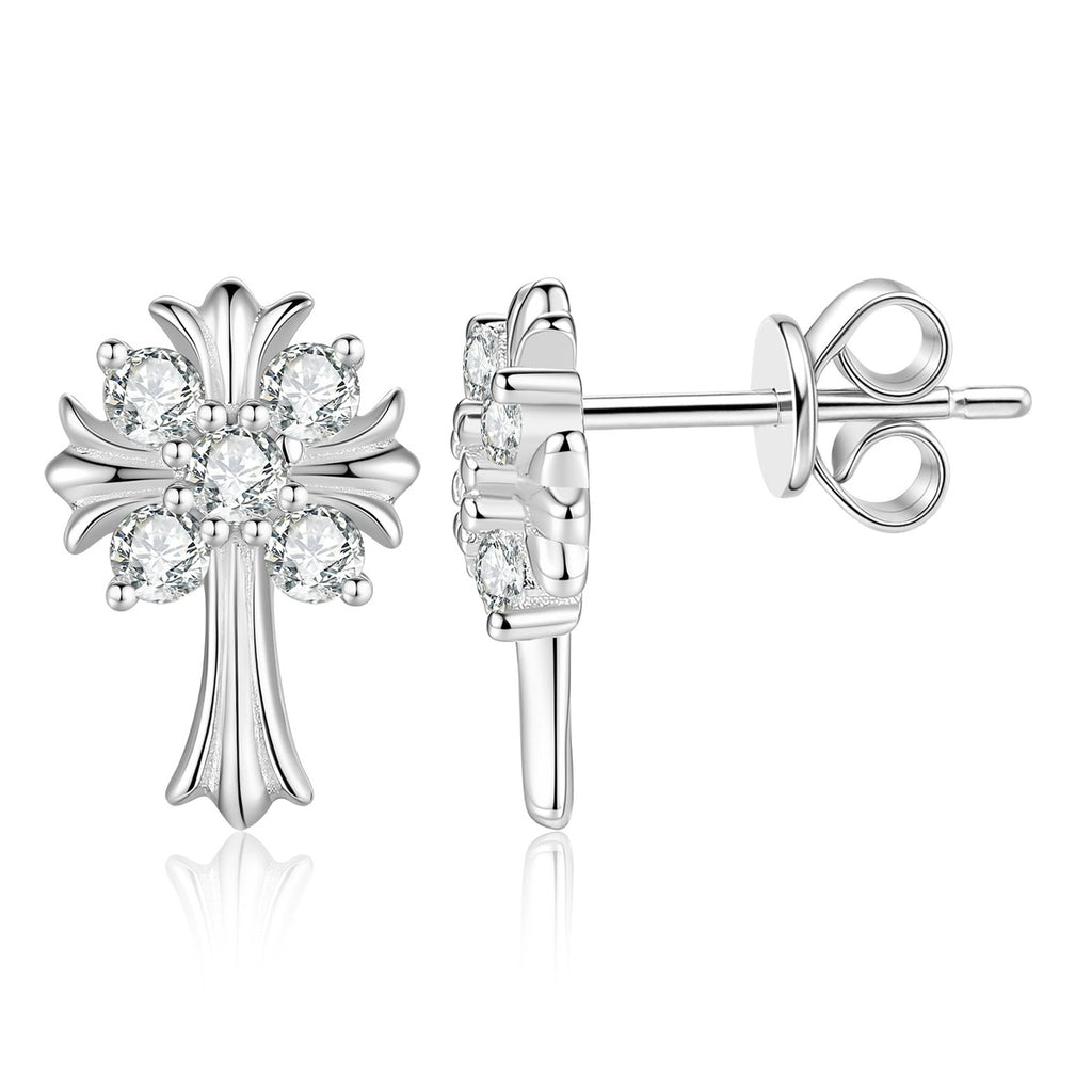Palm Cross Moissanite Stud Earrings in White Gold-Plated S925 Sterling Silver on clean white background showing a palm-inspired cross stud silhouette