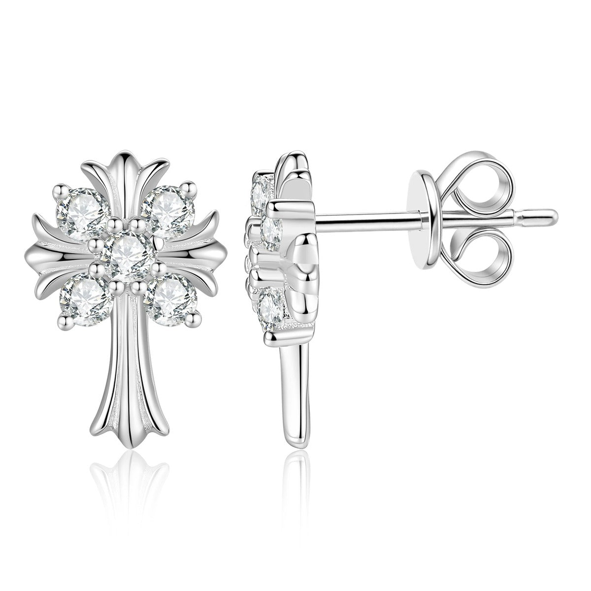 Palm Cross Moissanite Stud Earrings in White Gold-Plated S925 Sterling Silver on clean white background showing a palm-inspired cross stud silhouette