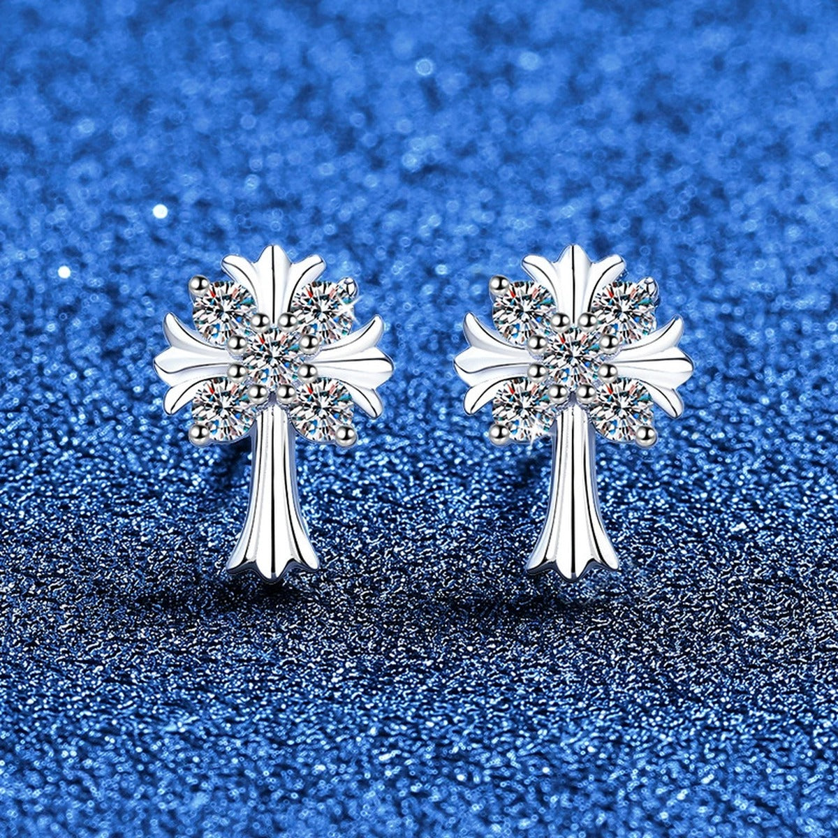 Palm Cross Moissanite Stud Earrings in White Gold-Plated S925 Sterling Silver blue scene product view