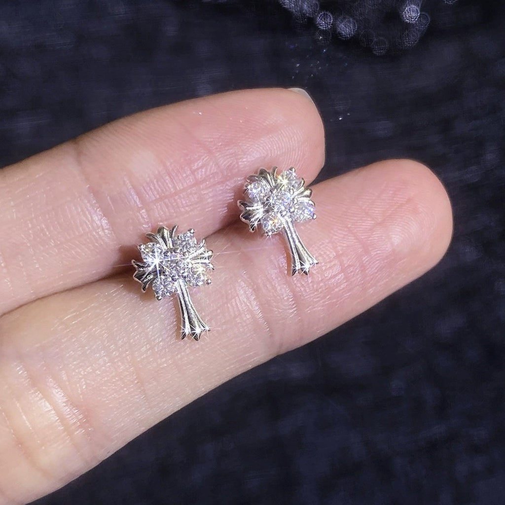 Palm Cross Moissanite Stud Earrings in White Gold-Plated S925 Sterling Silver close-up product detail view