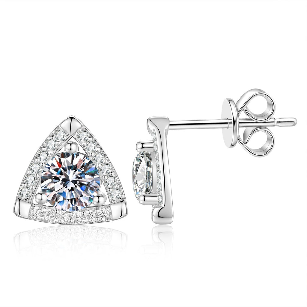 Triangle Halo Moissanite Stud Earrings in White Gold-Plated S925 Sterling Silver with CZ on clean white background showing a triangle halo stud silhouette