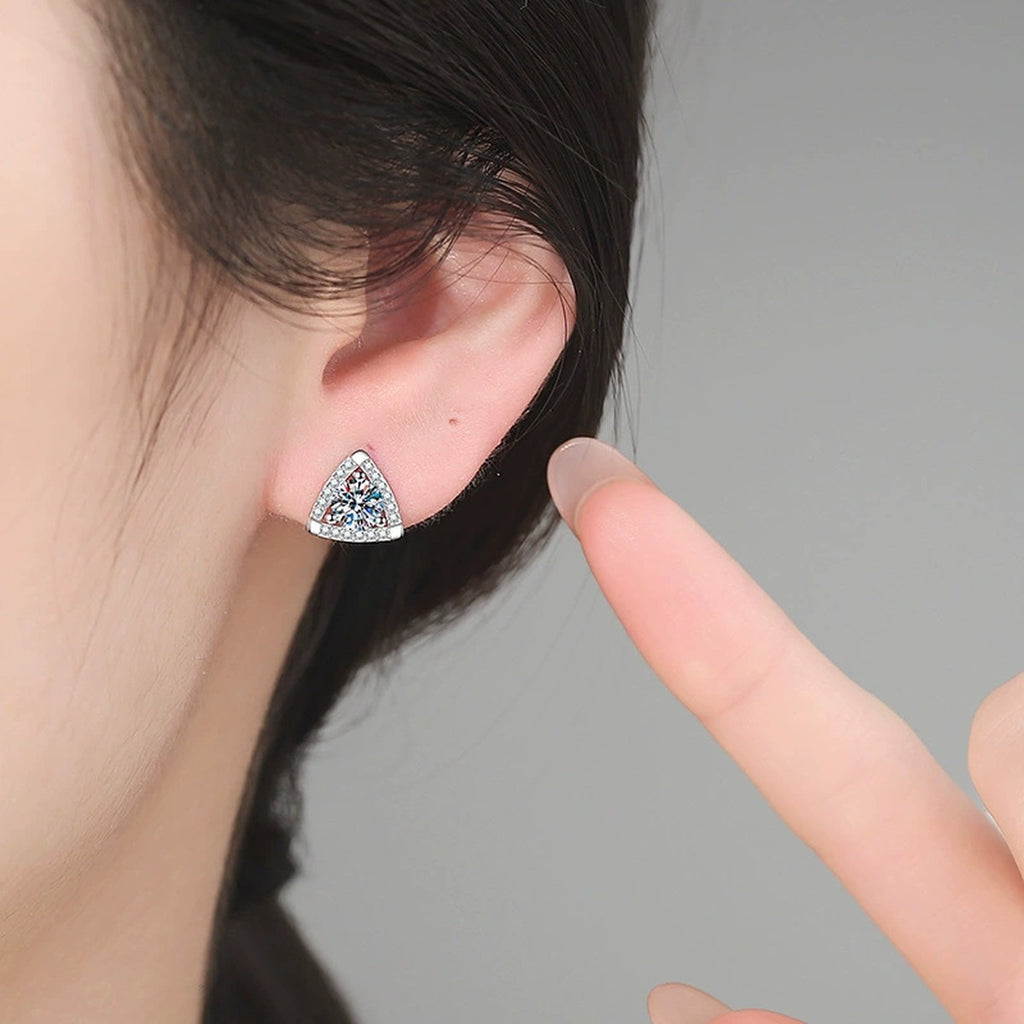 Triangle Halo Moissanite Stud Earrings in White Gold-Plated S925 Sterling Silver with CZ worn on ear by model