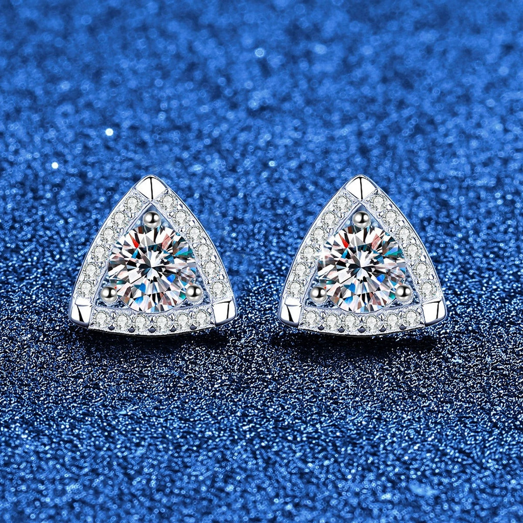 Triangle Halo Moissanite Stud Earrings in White Gold-Plated S925 Sterling Silver with CZ blue scene product view